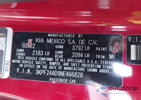 2022 Kia Forte Lxs из США, поврежденный, VIN 3KPF24AD9NE466828